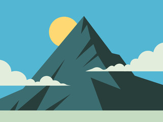 A stunning mountain landscape at sunrise depicts the beauty of nature, featuring peaks bathed in sunlight, surrounded by soft clouds, symbolizing tranquility and grandeur.