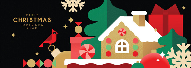 Christmas banner in contemporary flat minimalist geometric style with Christmas gingerbread house. Design for Holiday greeting card. Vector illustration 