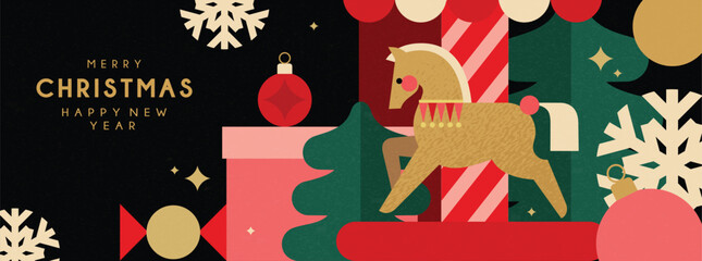 Christmas banner in contemporary flat geometric minimalist style with Christmas carousel. Design for Holiday banners, Christmas greeting card. Vector illustration 
