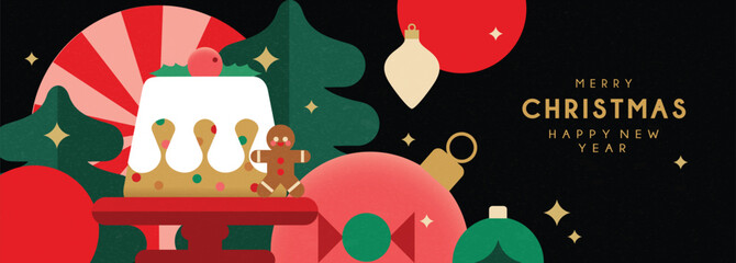 Christmas banner in contemporary flat minimalist geometric style with Christmas cake and gingerbread man. Design for Holiday banners, greeting cards or advent calendar. Vector illustration 