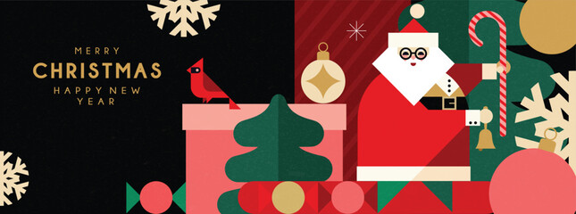 Christmas banner in contemporary flat minimalist geometric style with Santa and gift boxes. Design for Holiday banners, greeting cards or advent calendar. Vector illustration 
