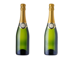 Green glass champagne bottles without and  with water drops isolated on white background.