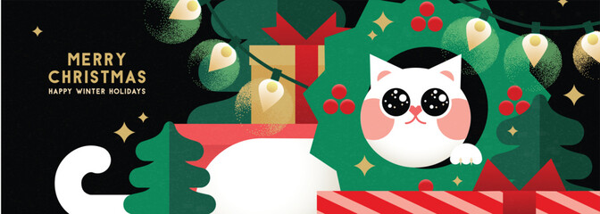 Christmas banner in contemporary flat minimalist geometric style with  cute cat and christmas garland. Design for Holiday banners, greeting cards or advent calendar. Vector illustration 