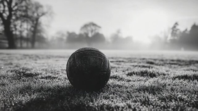 Monochrome football on grassy field with foggy atmosphere and sunlight