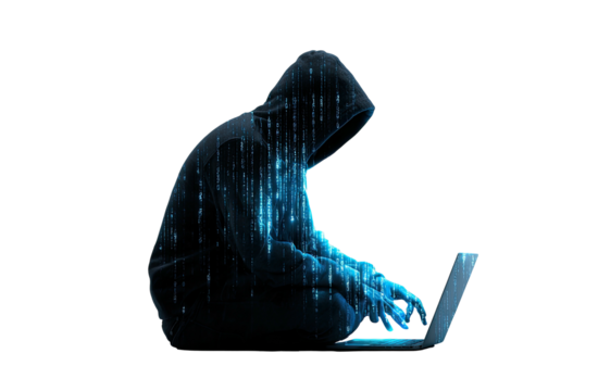 Person in hooded sweatshirt with digital code overlay