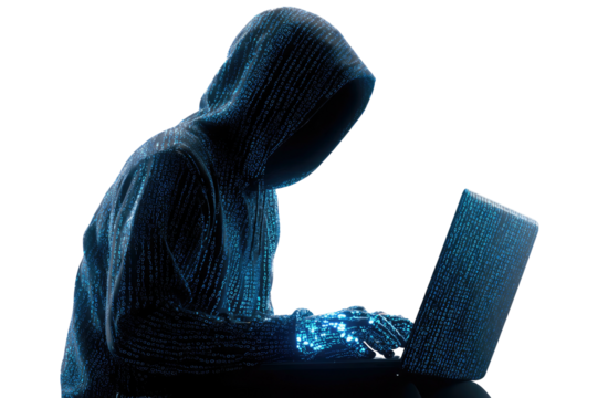 Anonymous figure in a hooded jacket illuminated by glowing digital code