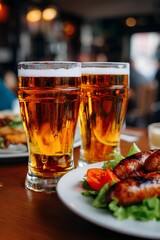 Two tall glasses of golden beer with frothy tops sit on a wooden table beside a plate of grilled sausages and fresh salad, creating a vibrant dining atmosphere