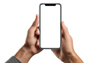 Two hands holding a modern smartphone with a blank white screen