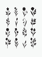 Floral Vector Pattern with Black and White Plant Silhouettes for Seamless Nature Design