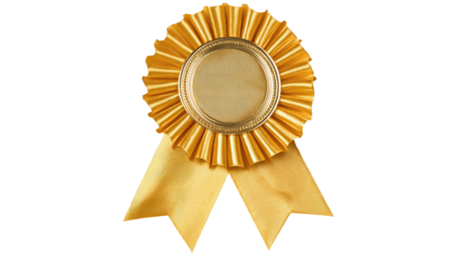 Gold ribbon award medal badge vector icon for competition winner success