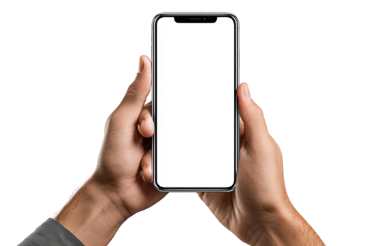 Two hands holding a modern smartphone with a blank white screen