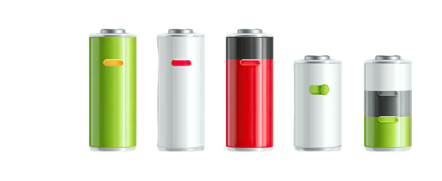 Five batteries in a row, each showing different charge levels