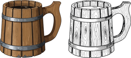 Illustration of two wooden mugs one colored and one in black and white
