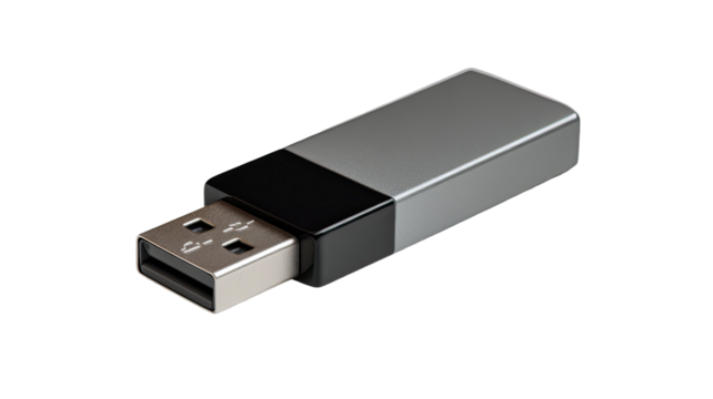 Portable black and white USB flash drive for data storage and transfer to a computer
