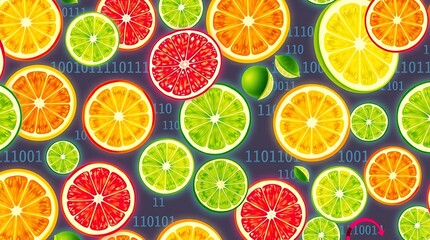 Assorted citrus fruit slices with binary code overlay for a digital theme