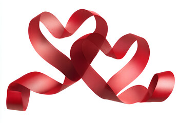 Pair of Intertwined Heart Shaped Red Ribbons Symbolizing Union Affection and Decor Ornament on White