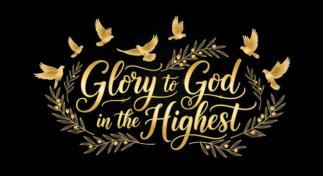 Inspiring design with gold dove silhouettes and calligraphic text celebrating divine glory and peace. Glory to God in the Highest features elegant floral elements,