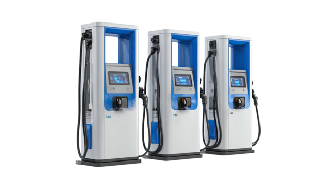 Three modern electric vehicle charging stations lined up