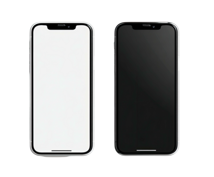 Two modern smartphones, one with a bright white screen, one dark