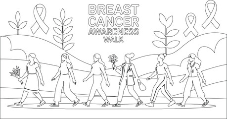 Line Art of Women Walking for Breast Cancer Awareness Walk in Support