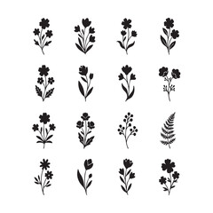 Floral silhouette set with decorative black and white plant elements and butterflies