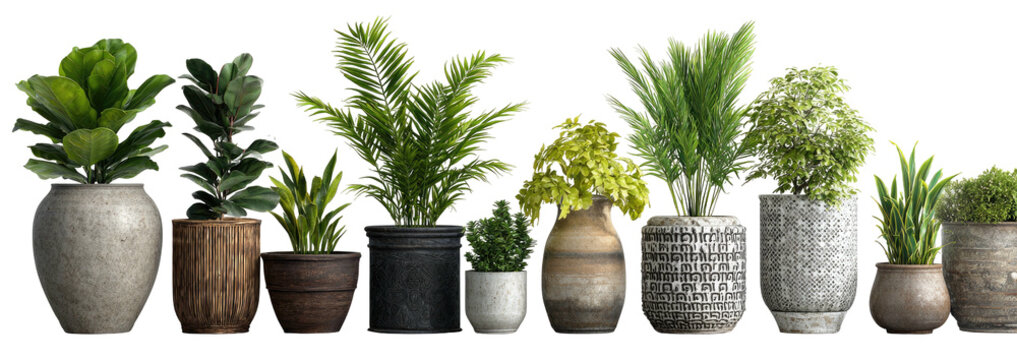 Diverse collection of potted green plants in various decorative containers