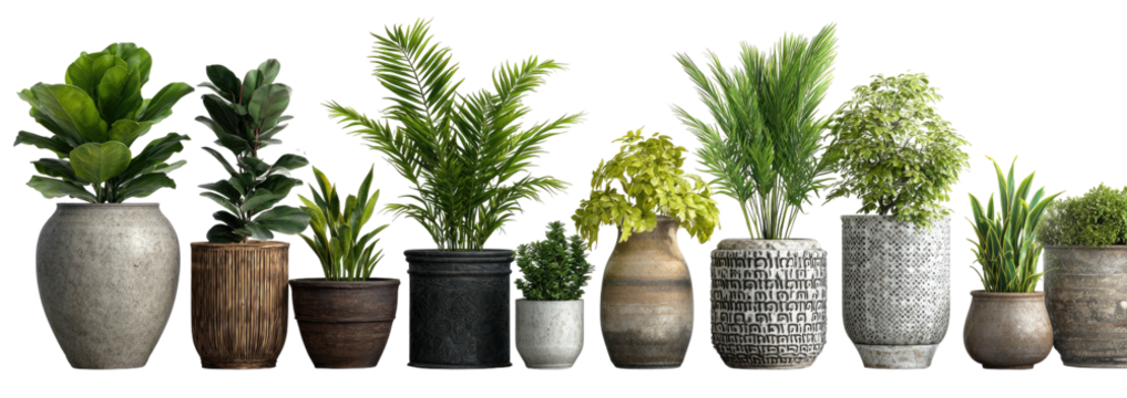 Diverse collection of potted green plants in various decorative containers