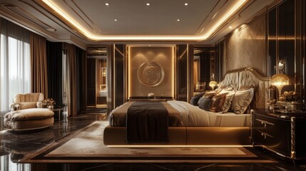 Fototapeta premium A luxurious bedroom with gold accents and soft lighting, creating an atmosphere of cosiness and comfort. Suitable for interior design projects, furniture advertising, and hotels.