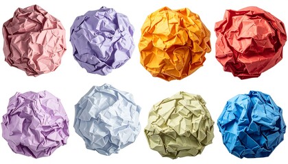 Eight colorful crumpled paper balls arranged in a grid, isolated on a white background, showcasing texture and light