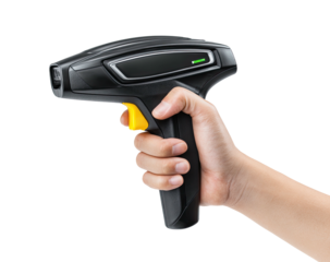 Hand holding modern scanning device with green indicator light