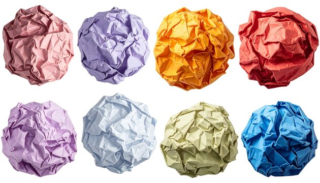 Eight colorful crumpled paper balls arranged in a grid, isolated on a white background, showcasing texture and light