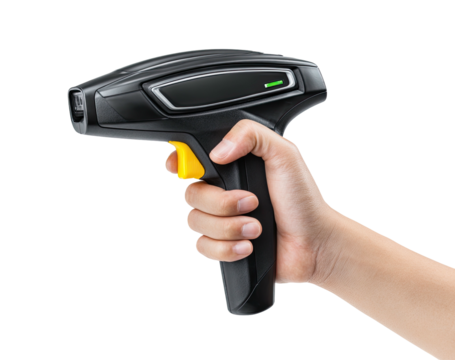 Hand holding modern scanning device with green indicator light