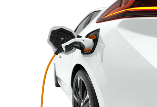 White electric vehicle plugged in for charging, rear detail