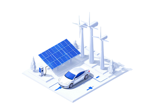 Futuristic clean energy landscape with car charging