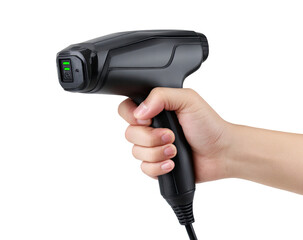 Hand holding a black handheld device with green indicator lights