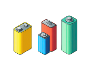 Colorful isometric batteries of various sizes and colors