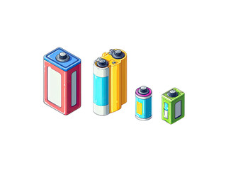 Assortment of colorful, modern batteries in various shapes and sizes