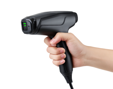 Hand holding a black handheld device with green indicator lights