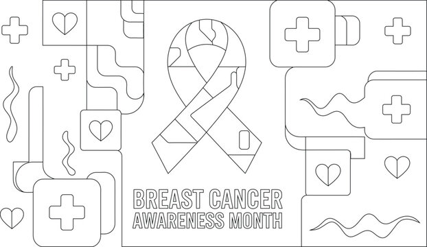 Line Art Breast Cancer Awareness Month Design with Ribbon, Hearts, and Medical Crosses Pattern