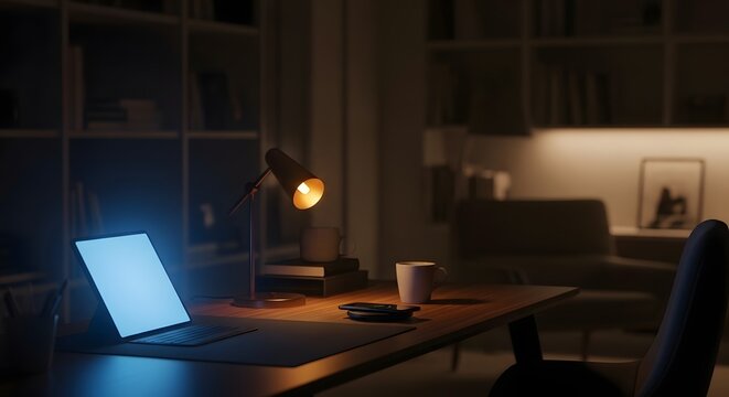Desk setup with laptop screen glowing in the dark
