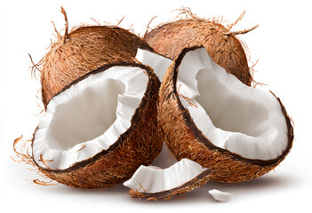 Group of Whole and Broken Coconuts Isolated on White Background. Tropical Fruit Pieces. Healthy Ingredient for a smoothie.