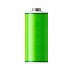 A bright green cylindrical battery with a silver top and bottom on black