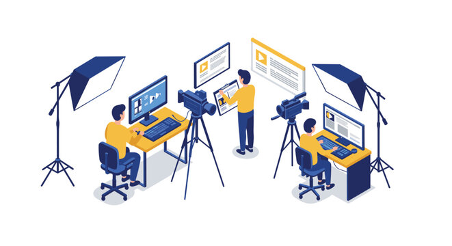 Broadcast studio isometric design with video editing and camera setup