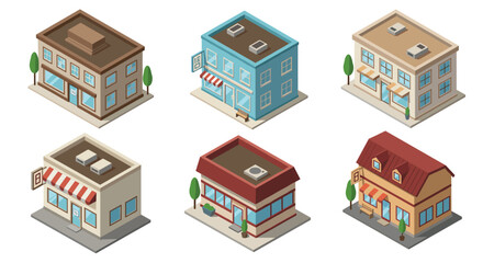 Naklejka premium Charming isometric buildings collection with diverse roof styles and colors