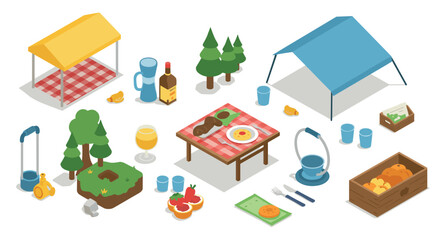 Fototapeta premium Isometric camping picnic with tents and outdoor dining setup