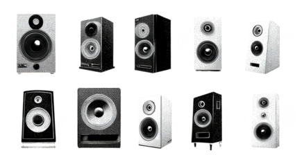 Ten different audio speaker models arranged in two rows