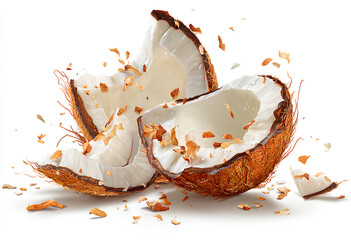 Explosion of Coconut Slices Isolated on White Background. Tropical Fruit Pieces. Vegetarian food and ingredient for a smoothie.
