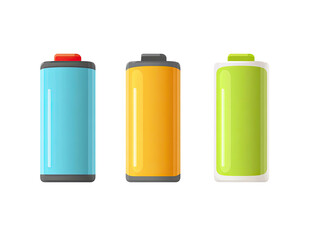 Three colorful, stylized cylindrical energy storage units
