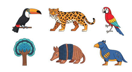 Naklejka premium Vibrant collection south american wildlife and flora featuring toucan, jaguar, macaw parrot, tree, armadillo, and blue doglike creature