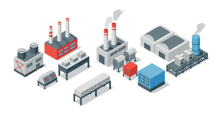 Fototapeta premium Isometric industrial buildings with machinery and chimneys